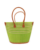 Santa Cruz Midori & Natural Two Tone Wide Stripe Small Straw Tote Bag handmade loomed natural raffia palm fiber in a two tone color block pattern of solid Midori lime/bright/neon/green on the bottom half of the bag and two tone even width horizontal stripes of midori and natural straw color on the top half of the bag with leather handles and details beach bag handbag purse - Shebobo