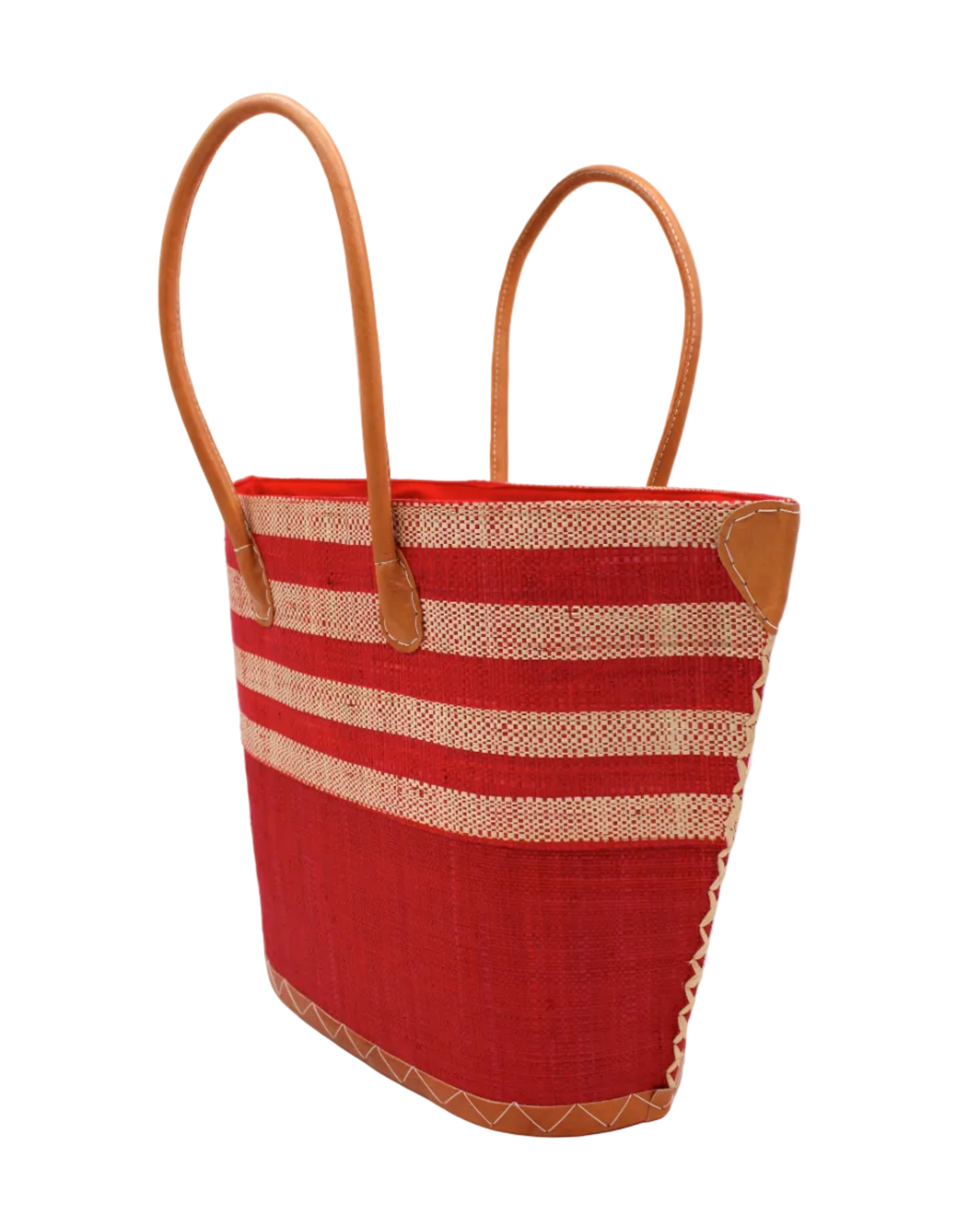 Side view Santa Cruz Red & Natural Two Tone Wide Stripe Small Straw Tote Bag handmade loomed natural raffia palm fiber in a two tone color block pattern of solid red on the bottom half of the bag and two tone even width horizontal stripes of red and natural straw color on the top half of the bag with leather handles and details beach bag handbag purse - Shebobo