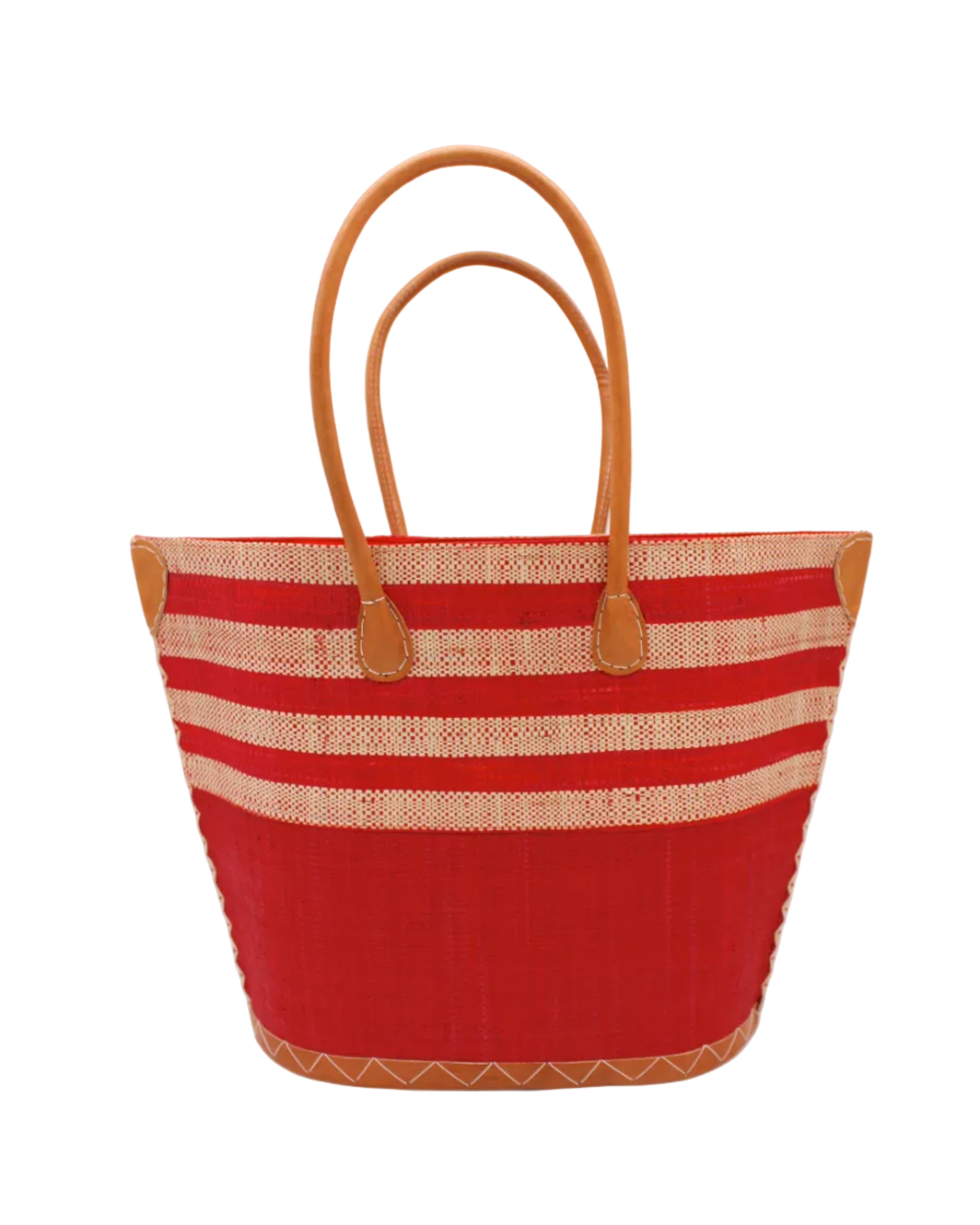 Santa Cruz Red & Natural Two Tone Wide Stripe Small Straw Tote Bag handmade loomed natural raffia palm fiber in a two tone color block pattern of solid red on the bottom half of the bag and two tone even width horizontal stripes of red and natural straw color on the top half of the bag with leather handles and details beach bag handbag purse - Shebobo