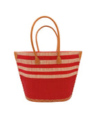 Santa Cruz Red & Natural Two Tone Wide Stripe Small Straw Tote Bag handmade loomed natural raffia palm fiber in a two tone color block pattern of solid red on the bottom half of the bag and two tone even width horizontal stripes of red and natural straw color on the top half of the bag with leather handles and details beach bag handbag purse - Shebobo