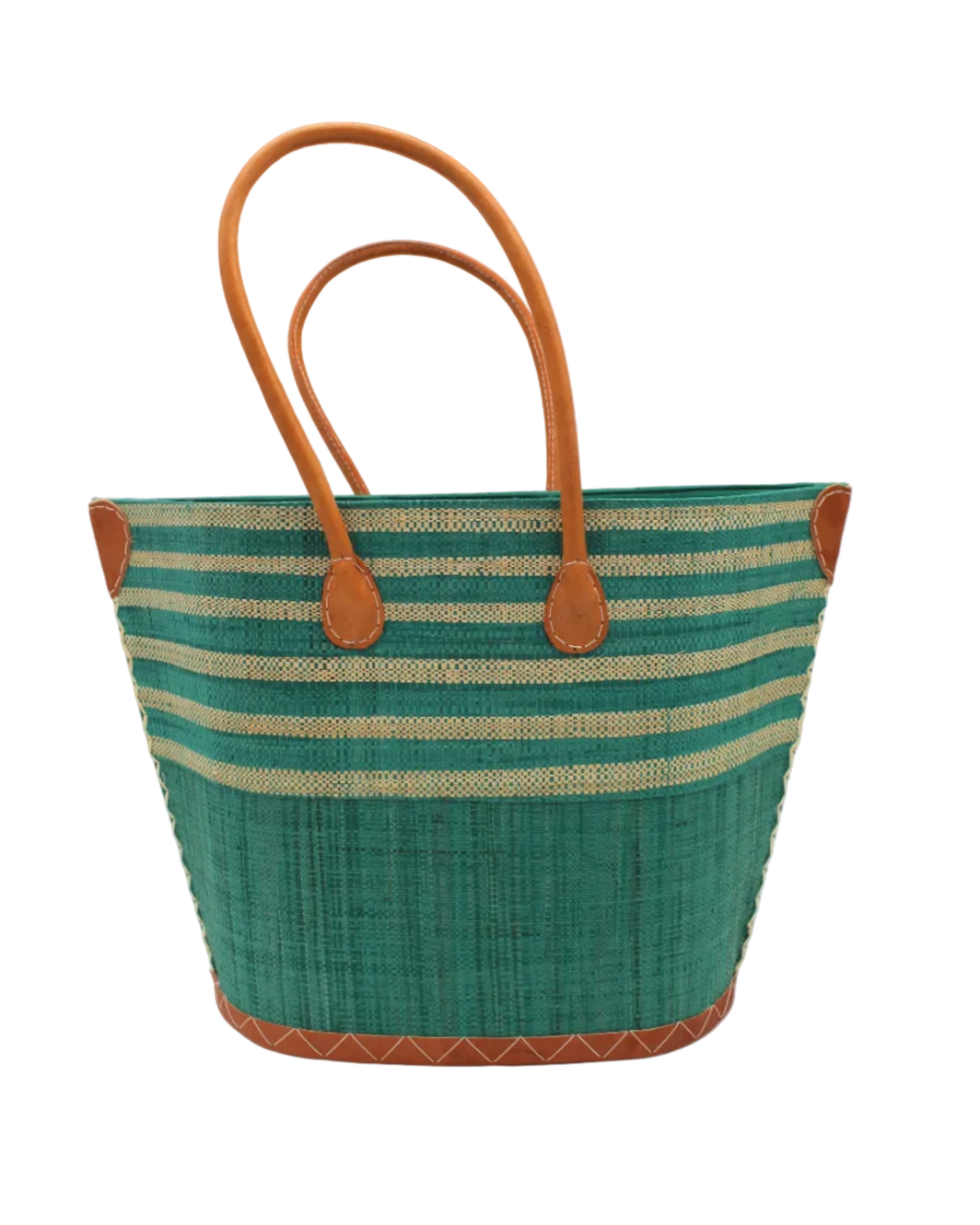 Santa Cruz Teal & Natural Two Tone Wide Stripe Small Straw Tote Bag handmade loomed natural raffia palm fiber in a two tone color block pattern of solid Teal dark/blue/green on the bottom half of the bag and two tone even width horizontal stripes of teal and natural straw color on the top half of the bag with leather handles and details beach bag handbag purse - Shebobo