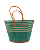 Santa Cruz Teal & Natural Two Tone Wide Stripe Small Straw Tote Bag handmade loomed natural raffia palm fiber in a two tone color block pattern of solid Teal dark/blue/green on the bottom half of the bag and two tone even width horizontal stripes of teal and natural straw color on the top half of the bag with leather handles and details beach bag handbag purse - Shebobo