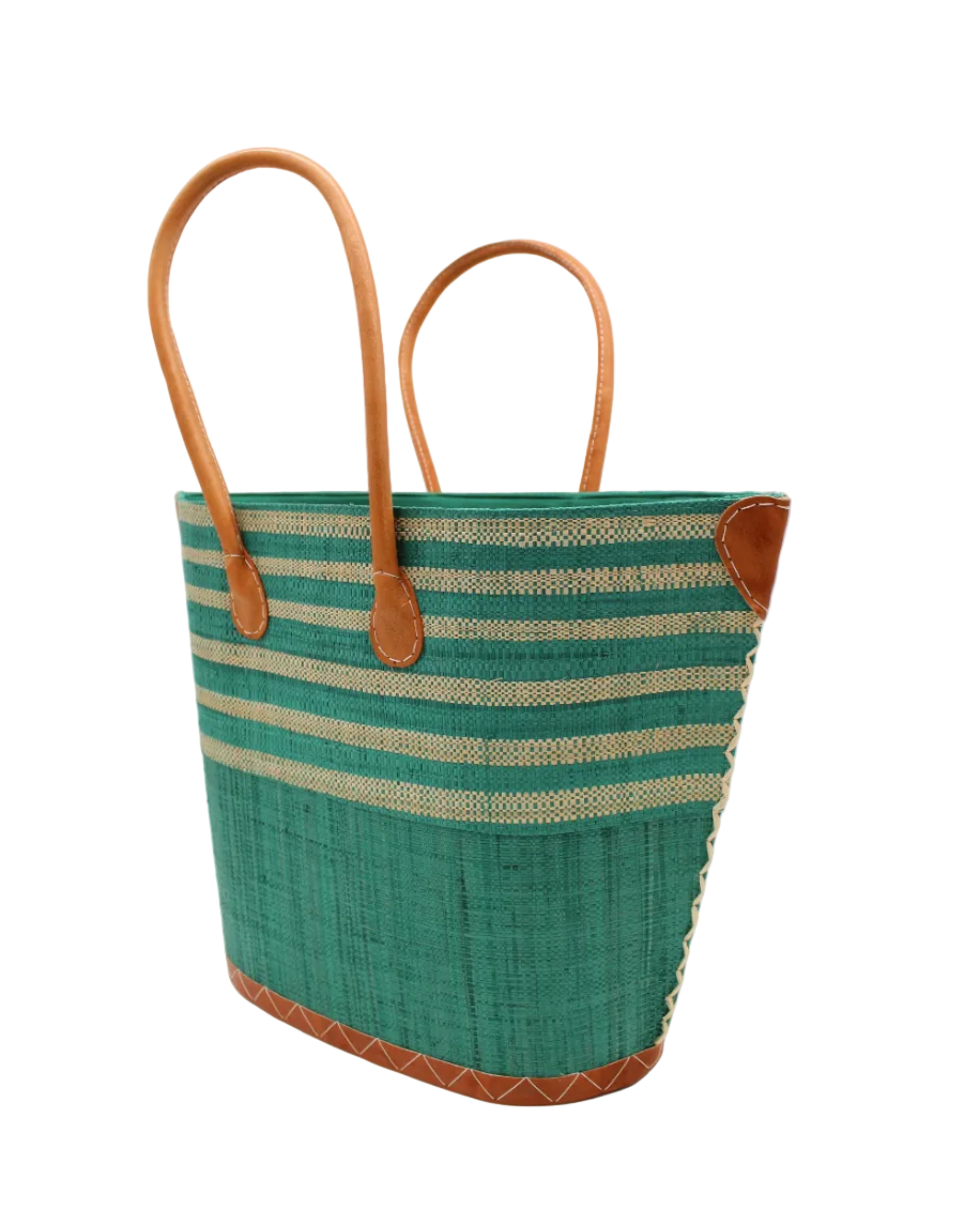 Side view Santa Cruz Teal & Natural Two Tone Wide Stripe Small Straw Tote Bag handmade loomed natural raffia palm fiber in a two tone color block pattern of solid Teal dark/blue/green on the bottom half of the bag and two tone even width horizontal stripes of teal and natural straw color on the top half of the bag with leather handles and details beach bag handbag purse - Shebobo