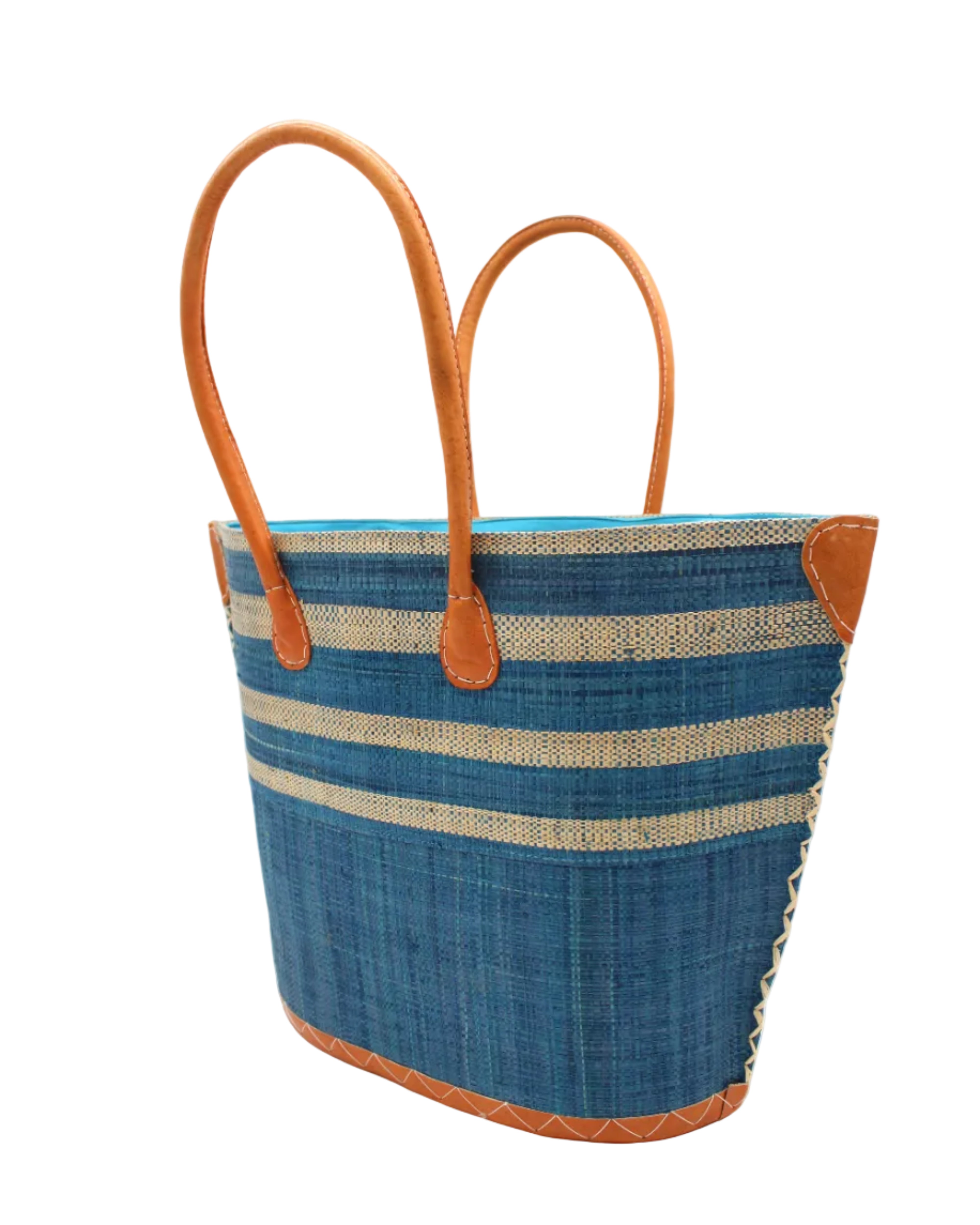 Side view Santa Cruz Turquoise & Natural Two Tone Wide Stripe Small Straw Tote Bag handmade loomed natural raffia palm fiber in a two tone color block pattern of solid turquoise dark/blue/green on the bottom half of the bag and two tone even width horizontal stripes of turquoise and natural straw color on the top half of the bag with leather handles and details beach bag handbag purse - Shebobo
