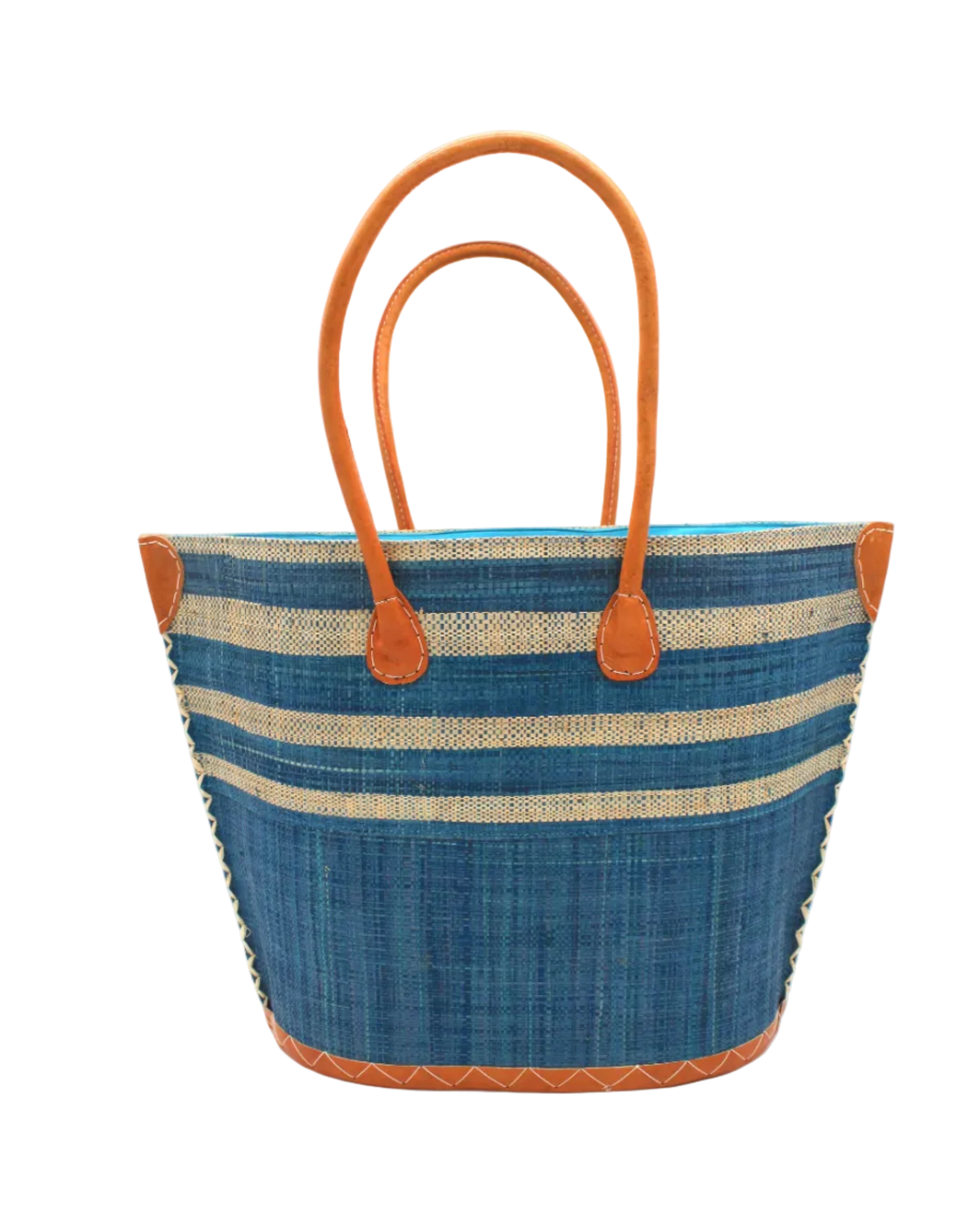 Santa Cruz Turquoise & Natural Two Tone Wide Stripe Small Straw Tote Bag handmade loomed natural raffia palm fiber in a two tone color block pattern of solid turquoise dark/blue/green on the bottom half of the bag and two tone even width horizontal stripes of turquoise and natural straw color on the top half of the bag with leather handles and details beach bag handbag purse - Shebobo