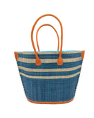 Santa Cruz Turquoise & Natural Two Tone Wide Stripe Small Straw Tote Bag handmade loomed natural raffia palm fiber in a two tone color block pattern of solid turquoise dark/blue/green on the bottom half of the bag and two tone even width horizontal stripes of turquoise and natural straw color on the top half of the bag with leather handles and details beach bag handbag purse - Shebobo
