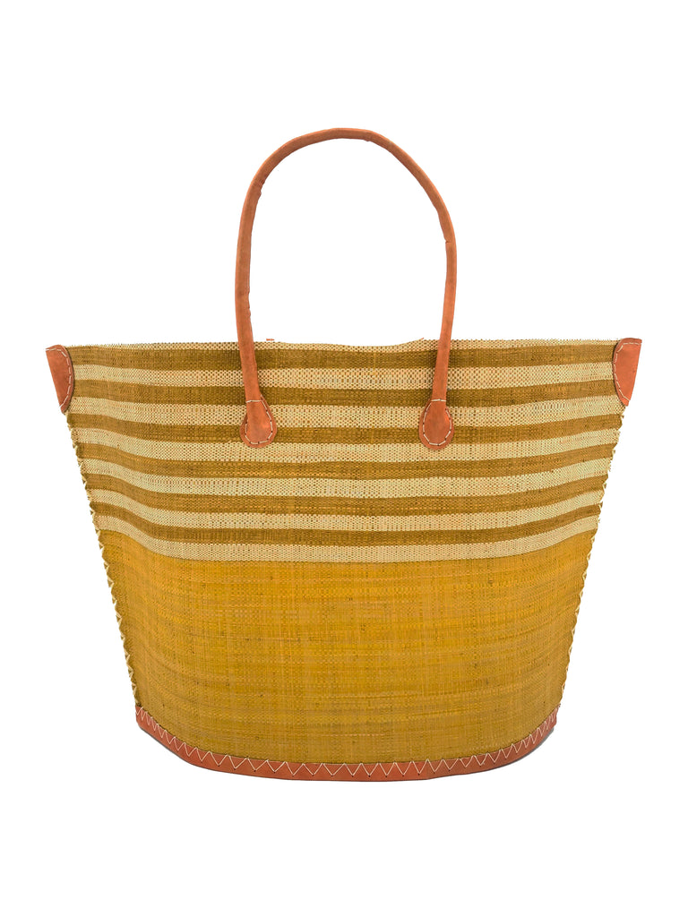 Santa Cruz Two Tone Wide Stripes Large Straw Beach Bag Tote Handbag handmade loomed raffia cinnamon/tobacco/brown and natural horizontal stripes on the top half, and solid cinnamon on the bottom half with leather handles extra large size - Shebobo