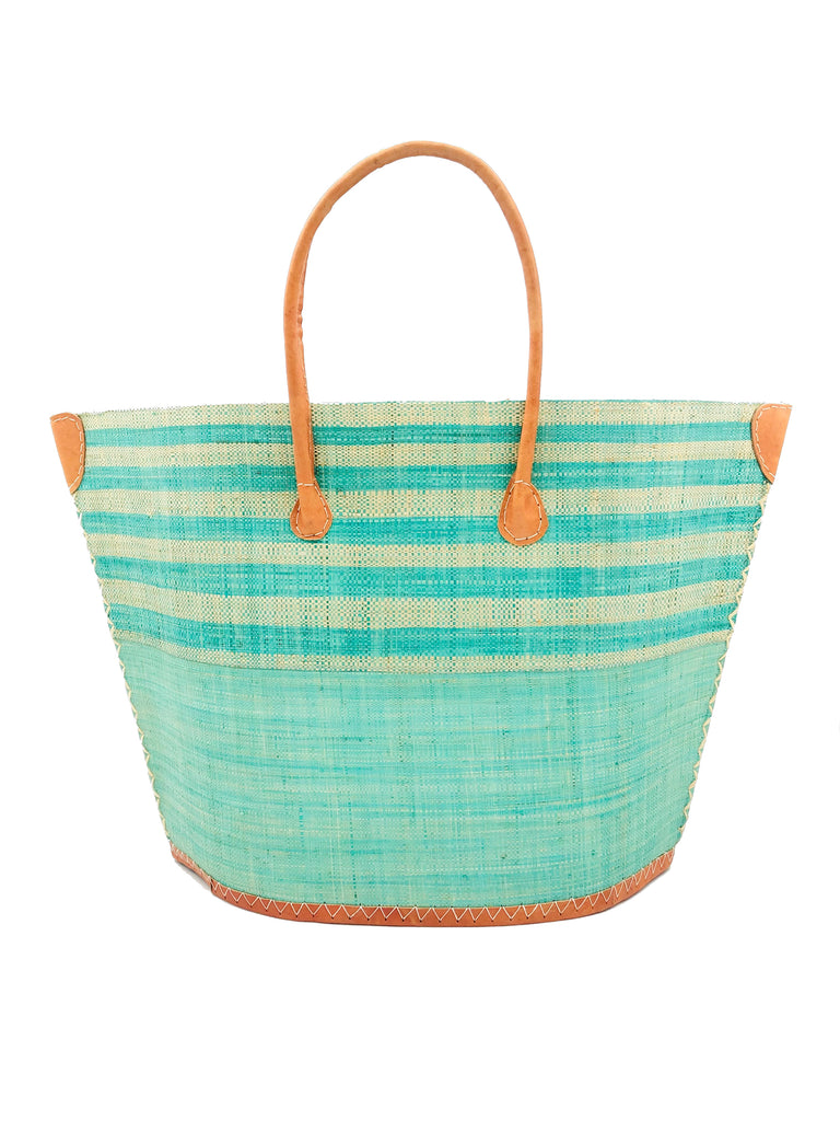 Santa Cruz Two Tone Wide Stripes Large Straw Beach Bag Tote Handbag handmade loomed raffia seafoam/light turquoise blue/greenish blue and natural horizontal stripes on the top half, and solid seafoam on the bottom half with leather handles extra large size - Shebobo