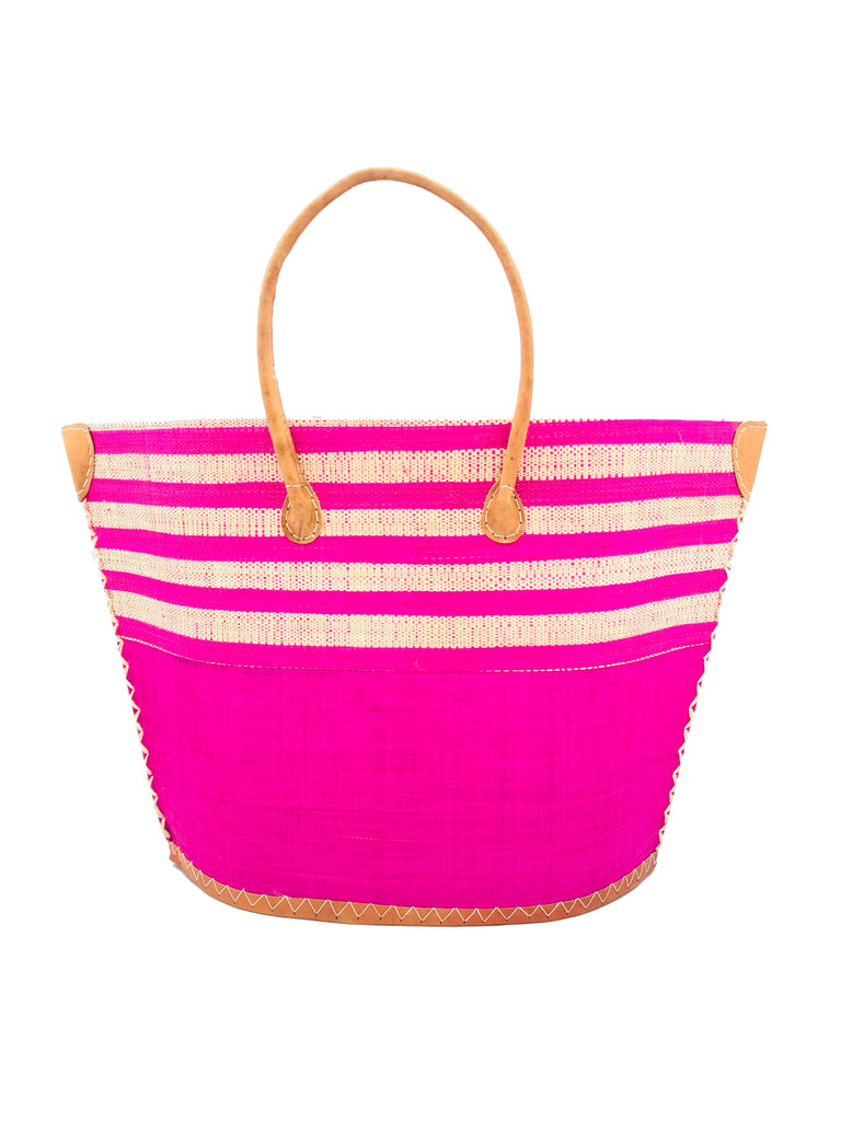 Santa Cruz Two Tone Wide Stripes Large Straw Beach Bag Tote Handbag handmade loomed raffia fuchsia pink and natural horizontal stripes on the top half, and solid fuchsia pink on the bottom half with leather handles extra large size - Shebobo
