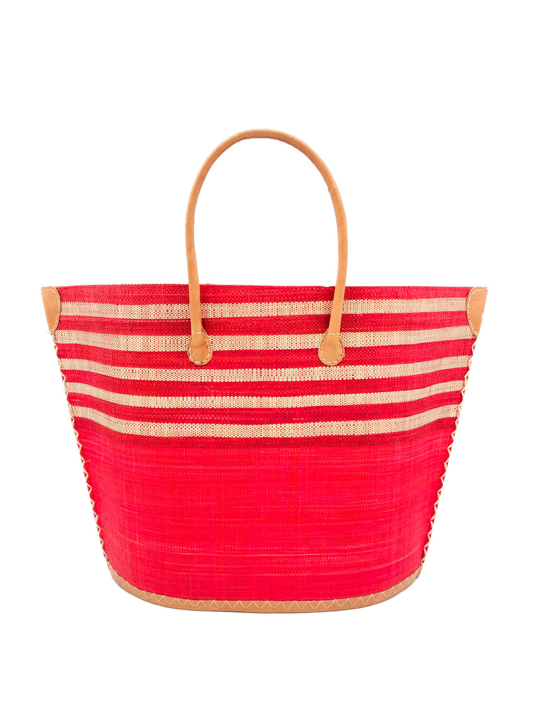 Santa Cruz Two Tone Wide Stripes Large Straw Beach Bag Tote Handbag handmade loomed raffia red and natural horizontal stripes on the top half, and solid red on the bottom half with leather handles extra large size - Shebobo