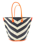 Santa Cruz Wide Stripe Chevron Large Straw Tote Bag handmade loomed raffia palm fiber in a two tone diagonal even width bands of color in a wide stripe chevron pattern of black and natural straw color on the front and a matching solid hue on the back with leather accents and handles large shoulder bag - Shebobo