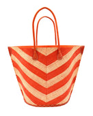 Santa Cruz Wide Stripe Chevron Large Straw Tote Bag handmade loomed raffia palm fiber in a two tone diagonal even width bands of color in a wide stripe chevron pattern of coral orange/red and natural straw color on the front and a matching solid hue on the back with leather accents and handles large shoulder bag - Shebobo