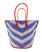 Santa Cruz Wide Stripe Chevron Large Straw Tote Bag handmade loomed raffia palm fiber in a two tone diagonal even width bands of color in a wide stripe chevron pattern of light denim/retro blue and natural straw color on the front and a matching solid hue on the back with leather accents and handles large shoulder bag - Shebobo
