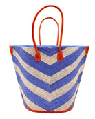 Santa Cruz Wide Stripe Chevron Large Straw Tote Bag handmade loomed raffia palm fiber in a two tone diagonal even width bands of color in a wide stripe chevron pattern of light denim/retro blue and natural straw color on the front and a matching solid hue on the back with leather accents and handles large shoulder bag - Shebobo