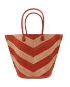 Santa Cruz Wide Stripe Chevron Large Straw Tote Bag handmade loomed raffia palm fiber in a two tone diagonal even width bands of color in a wide stripe chevron pattern of whisky  carmel/orange/brown and natural straw color on the front and a matching solid hue on the back with leather accents and handles large shoulder bag - Shebobo