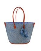 Santa Ynez Woven Small Straw Tote Bag with Tassel Charm Embellishment handmade woven raffia palm fiber in a solid hue of denim retro/light/blue with matching tassel tie charm embellishment and leather handles beach bag - Shebobo