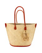 Santa Ynez Woven Small Straw Tote Bag with Tassel Charm Embellishment handmade woven raffia palm fiber in a solid hue of natural straw color with matching tassel tie charm embellishment and leather handles beach bag - Shebobo
