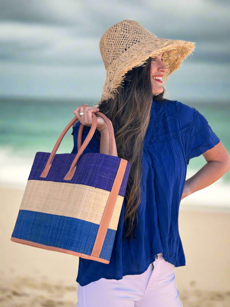 Model wearing Santorini 3 Tone Color Block Straw Basket Bag Handbag with Karin Macrame and Crochet Natural Straw Sun Hat - Shebobo