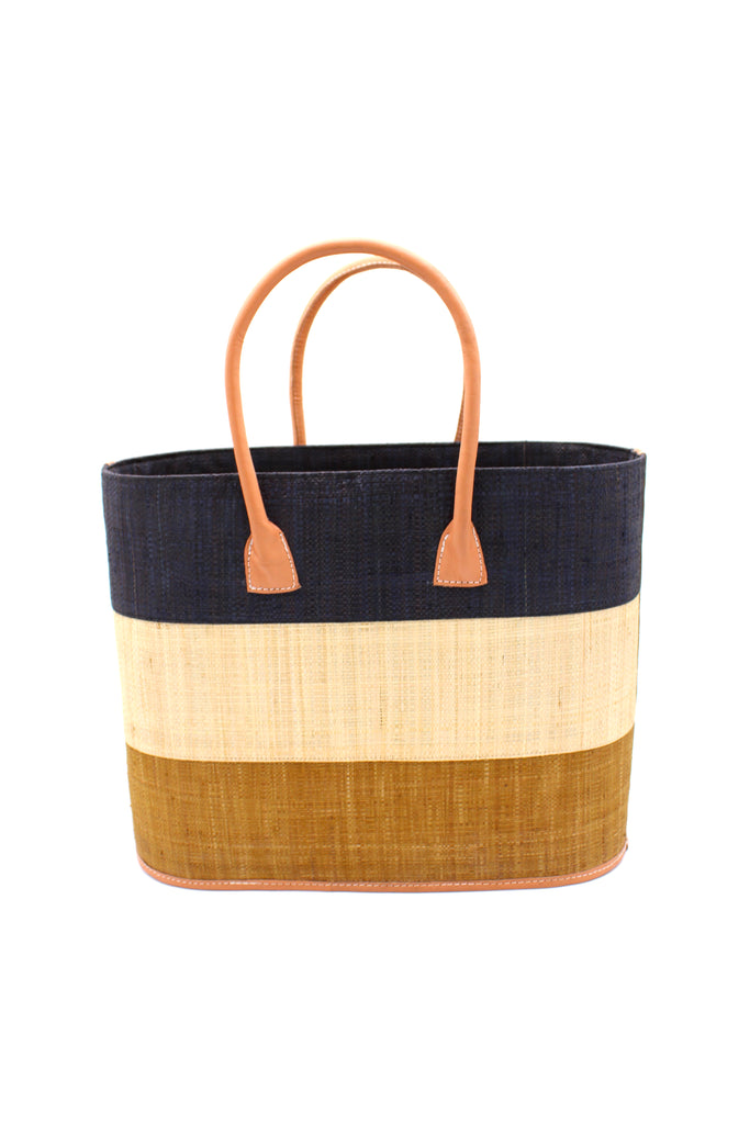 Santorini Three Tone Color Block Pattern Straw Basket Bag Handbag Cinnamon Multicolor handmade loomed natural raffia palm fiber in three evenly sized horizontal bands of black, natural straw color, and cinnamon/tobacco/brown (from top to bottom) with leather handles and details - Shebobo