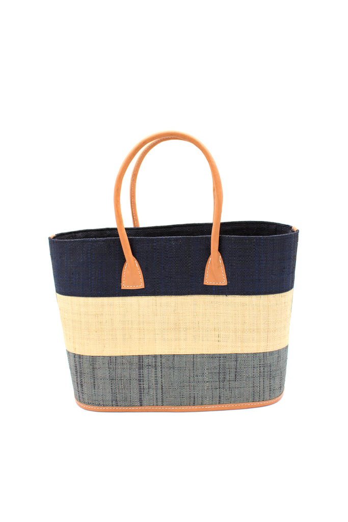 Santorini Three Tone Color Block Pattern Straw Basket Bag Handbag Grey Multicolor handmade loomed natural raffia palm fiber in three evenly sized horizontal bands of black, natural straw color, and grey (from top to bottom) with leather handles and details - Shebobo