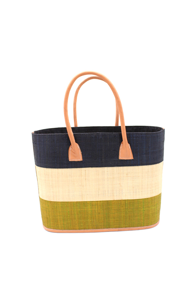 Santorini Three Tone Color Block Pattern Straw Basket Bag Handbag Olive Multicolor handmade loomed natural raffia palm fiber in three evenly sized horizontal bands of black, natural straw color, and olive green (from top to bottom) with leather handles and details - Shebobo