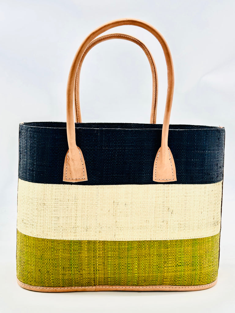 Santorini 3 Tone Color Block Straw Basket Bag Handbag - Shebobo