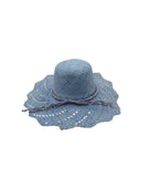 Sara 4.5" Brim Woven Straw Sun Hats with Zigzag Edge handmade natural raffia palm fiber in a solid hue of Denim retro/light/blue woven with a subtle crosshatch texture across the crown and spiraling open weave across the brim with matching hat band and zigzag edge - Shebobo