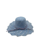 Sara 4.5" Brim Woven Straw Sun Hats with Zigzag Edge handmade natural raffia palm fiber in a solid hue of Denim retro/light/blue woven with a subtle crosshatch texture across the crown and spiraling open weave across the brim with matching hat band and zigzag edge - Shebobo