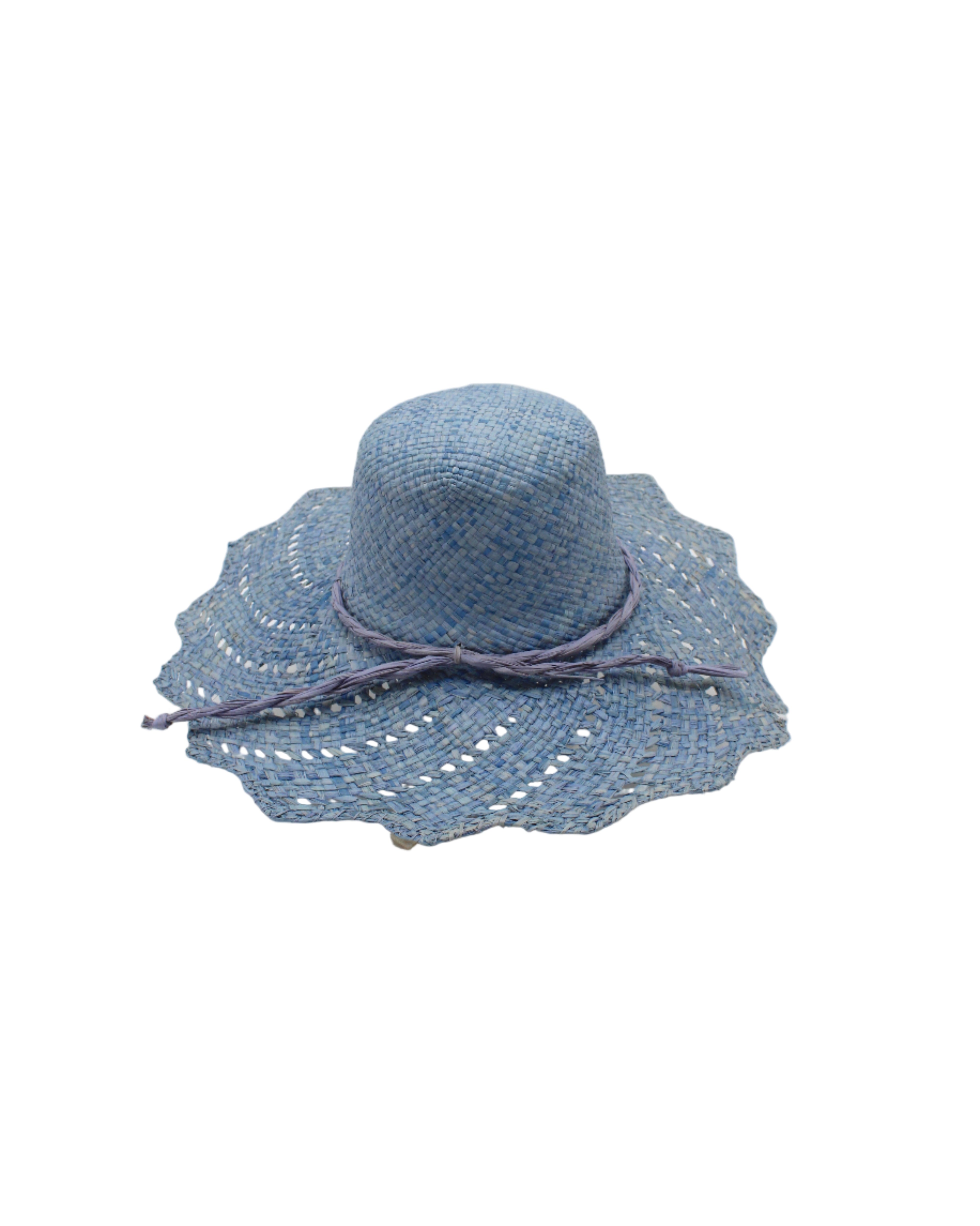 Sara 4.5" Brim Woven Straw Sun Hats with Zigzag Edge handmade natural raffia palm fiber in a solid hue of Denim retro/light/blue woven with a subtle crosshatch texture across the crown and spiraling open weave across the brim with matching hat band and zigzag edge - Shebobo
