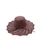 Sara 4.5" Brim Woven Straw Sun Hats with Zigzag Edge handmade natural raffia palm fiber in a solid hue of espresso chocolate/dark/brown woven with a subtle crosshatch texture across the crown and spiraling open weave across the brim with matching hat band and zigzag edge - Shebobo