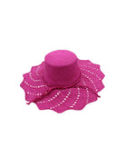Sara 4.5" Brim Woven Straw Sun Hats with Zigzag Edge handmade natural raffia palm fiber in a solid hue of Fuchsia hot/bright/barbie/pink woven with a subtle crosshatch texture across the crown and spiraling open weave across the brim with matching hat band and zigzag edge - Shebobo