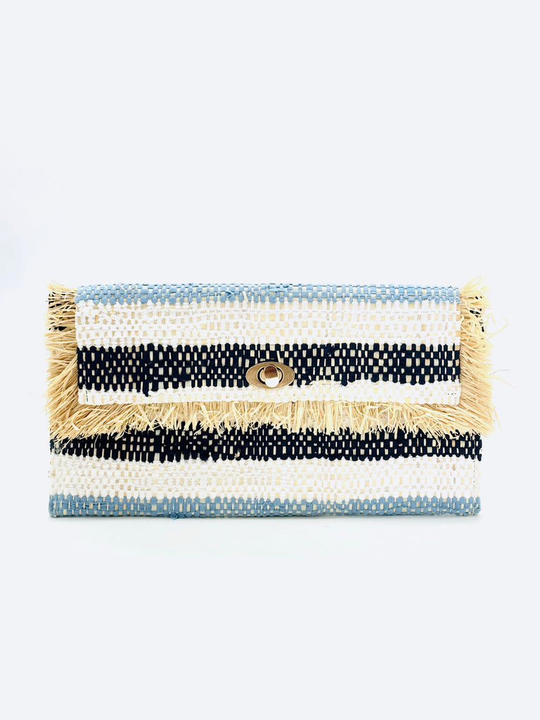 Sasha Blue Multi Recycled Cotton Clutch with Raw Fringe Edge handmade woven dyed recycled cotton and natural raffia palm fiber in multicolor horizontal stripe pattern of light blue, white, and black with raffia fringe trim edge embellishment - Shebobo