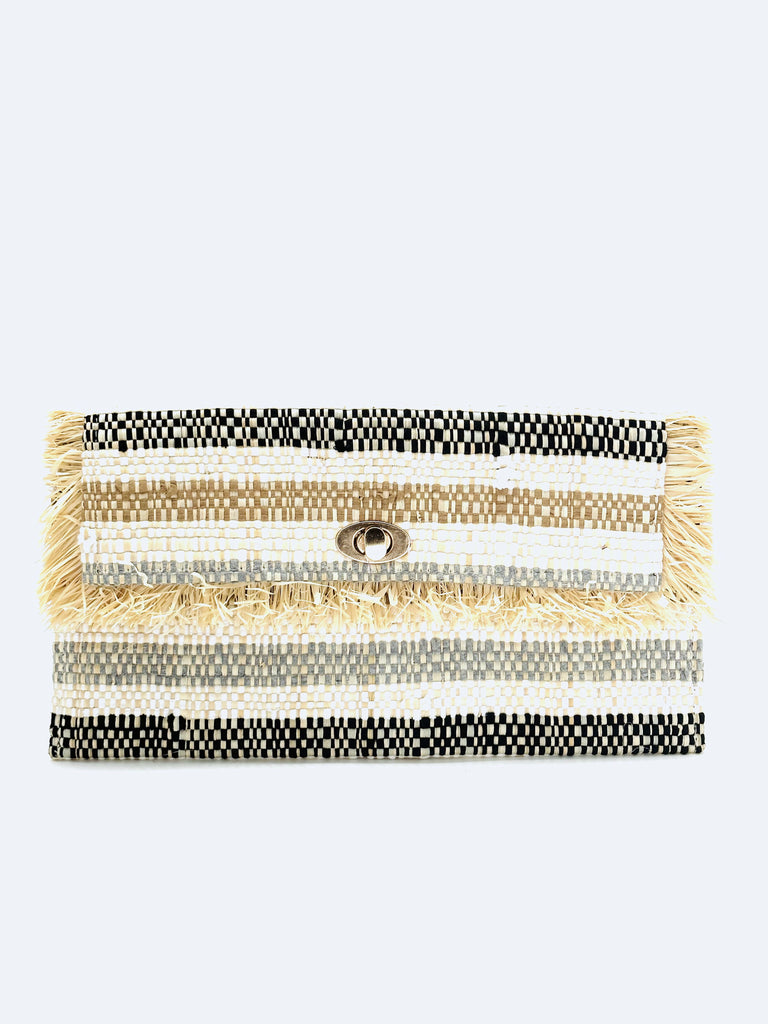 Sasha Cinnamon Multi Recycled Cotton Clutch with Raw Fringe Edge handmade woven dyed recycled cotton and natural raffia palm fiber in multicolor horizontal stripe pattern of light cinnamon/tobacco/brown, white, and black with raffia fringe trim edge embellishment - Shebobo
