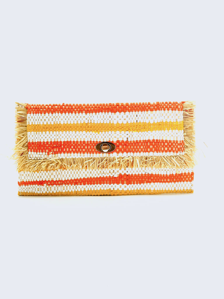 Sasha Orange Multi Recycled Cotton Clutch with Raw Fringe Edge handmade woven dyed recycled cotton and natural raffia palm fiber in multicolor horizontal stripe pattern of coral orange, white, and saffron yellow with raffia fringe trim edge embellishment - Shebobo