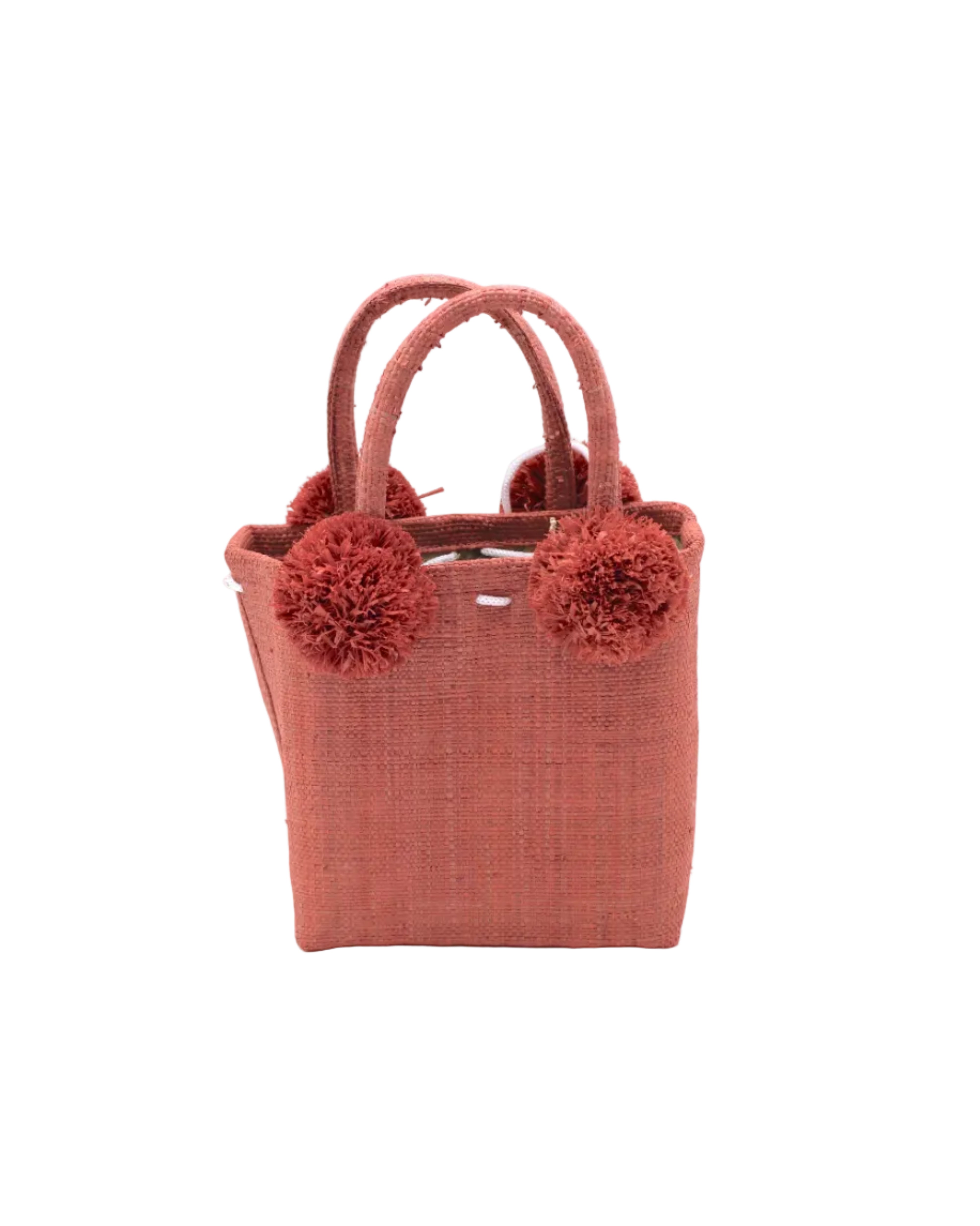 Schooner Straw Mini Bag with Pompom Accent handmade loomed natural raffia palm fiber in a solid hue of Blush orange/pink with four matching raffia pompom embellishments at the base of each handle attachment tiny purse extra small handbag - Shebobo