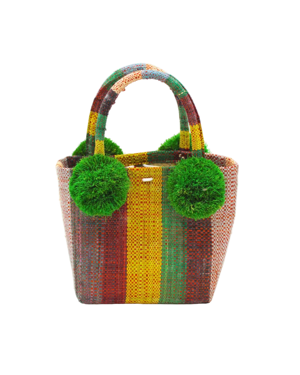 Schooner Denim & Whisky Swirl Stripe Straw Mini Bag with Pompom Accent handmade loomed natural raffia palm fiber in multi width vertical multicolor stripe pattern of denim light/blue, yellow, rey, whisky caramel/red/brown, black, and natural straw color with four matching raffia pompom embellishments at the base of each handle attachment tiny purse extra small handbag - Shebobo