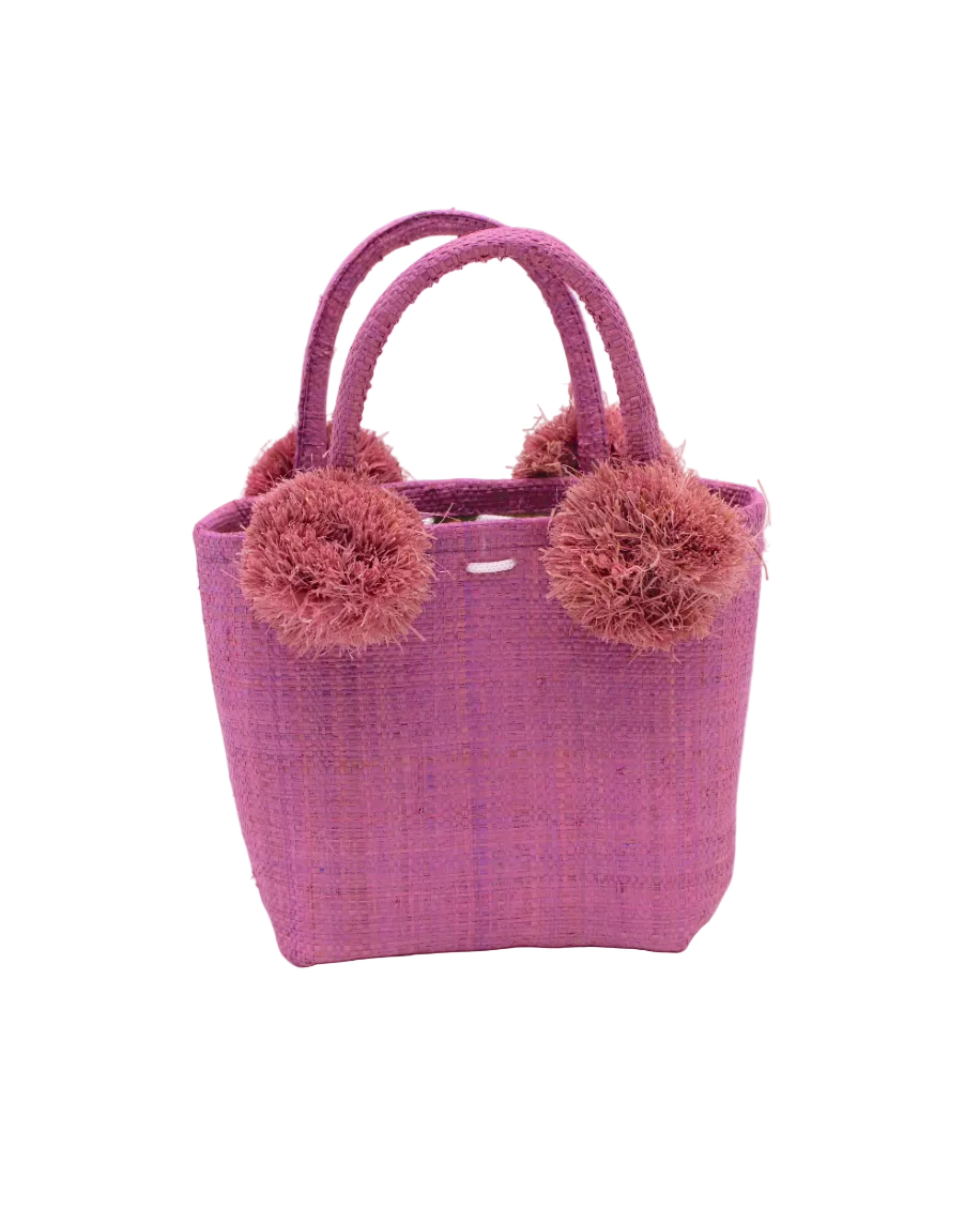 Schooner Straw Mini Bag with Pompom Accent handmade loomed natural raffia palm fiber in a solid hue of Lilas lilac/wisteria/light/purple with four matching raffia pompom embellishments at the base of each handle attachment tiny purse extra small handbag - Shebobo