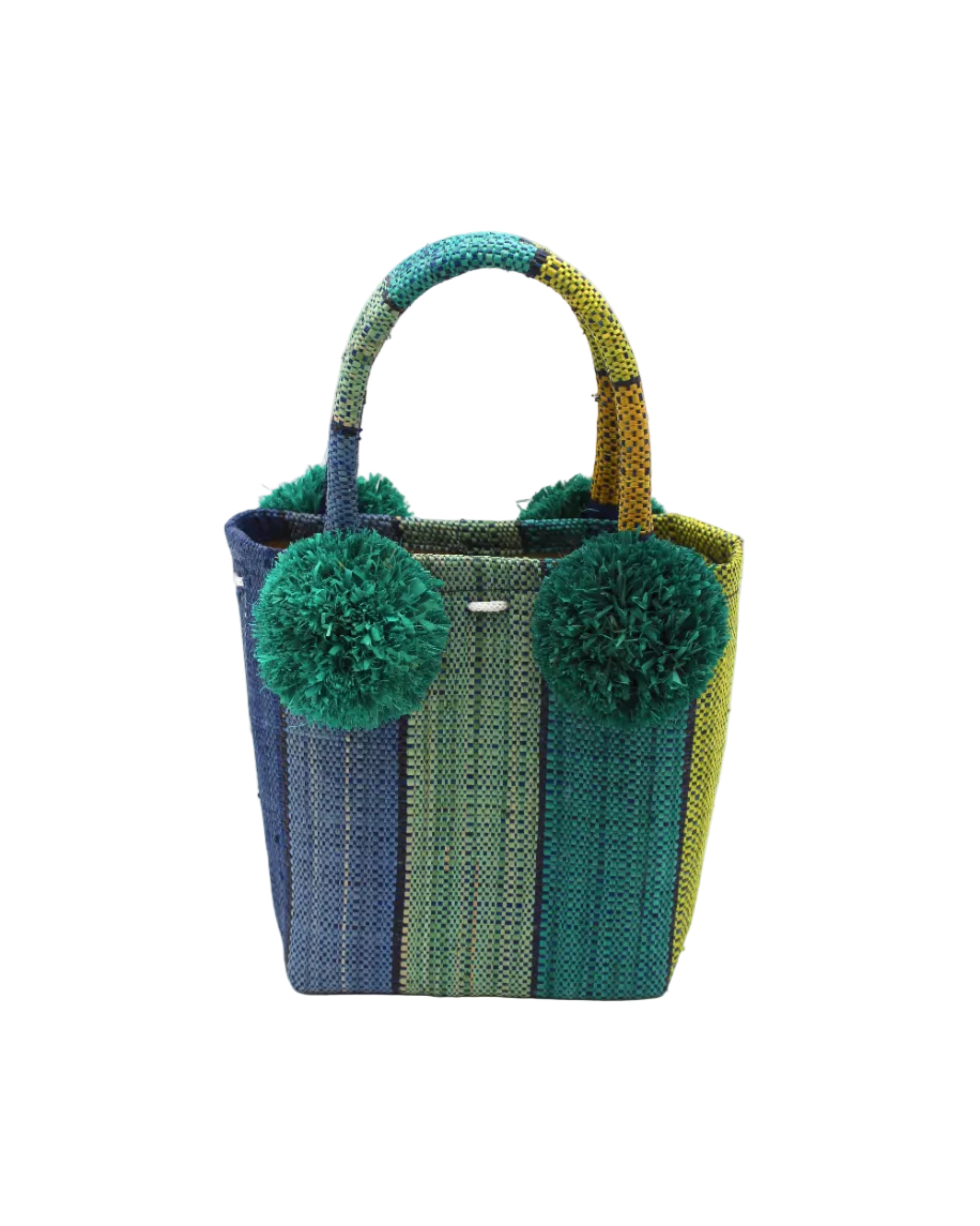 Schooner Azure Swirl Straw Mini Bag with Pompom Accent handmade loomed natural raffia palm fiber in multi width vertical multicolor stripe pattern of dusk/navy/dark/blue, turquoise blue/green, midori lime/green, saffron yellow, seafoam blue/green, blue, teal, etc. with four matching raffia pompom embellishments at the base of each handle attachment tiny purse extra small handbag - Shebobo