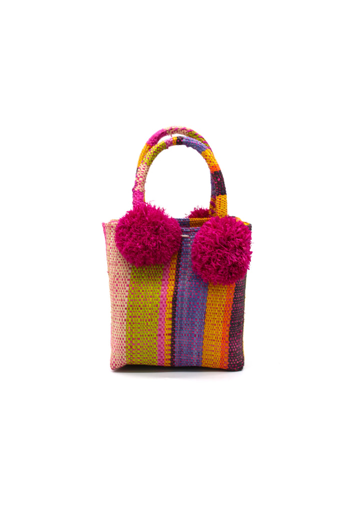 Schooner Blue Rainbow Swirl Straw Mini Bag with Pompom Accent handmade loomed natural raffia palm fiber in multi width vertical multicolor stripe pattern of orange, fuchsia hot/bright/barbie/pink, baby pink, blue, natural straw color, black, yellow, lime green, etc. with four matching raffia pompom embellishments at the base of each handle attachment tiny purse extra small handbag - Shebobo