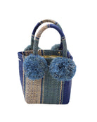 Schooner Blue Swirl Straw Mini Bag with Pompom Accent handmade loomed natural raffia palm fiber in multi width vertical multicolor stripe pattern of dusk/navy/dark/blue, turquoise blue/green, and natural straw color with four matching raffia pompom embellishments at the base of each handle attachment tiny purse extra small handbag - Shebobo