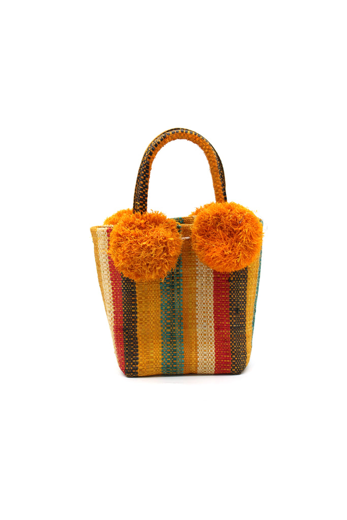 Schooner Bonita Swirl Straw Mini Bag with Pompom Accent handmade loomed natural raffia palm fiber in multi width vertical multicolor stripe pattern of orange, red, turquoise blue, natural straw color, yellow, grey, black, etc. with four matching raffia pompom embellishments at the base of each handle attachment tiny purse extra small handbag - Shebobo