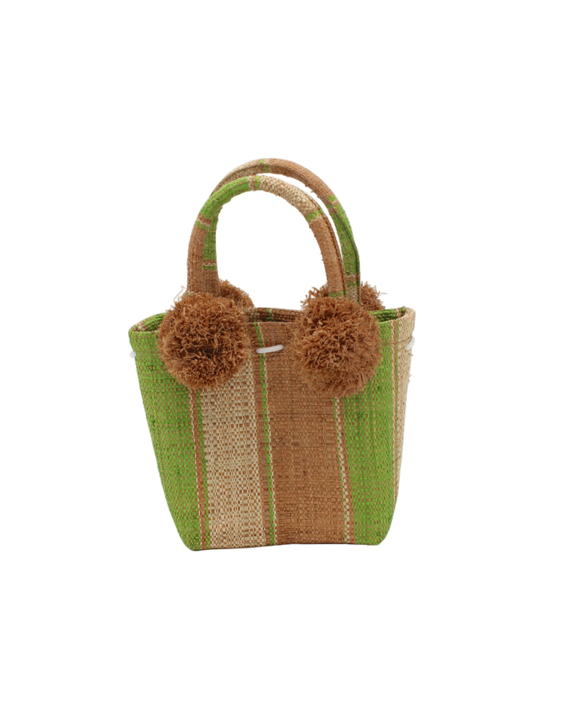 Schooner Cappuccino Midori Stripe Straw Mini Bag with Pompom Accent handmade loomed natural raffia palm fiber in multi width vertical multicolor stripe pattern of cappuccino tea/light/brown, midori lime/green, and natural straw color with four matching raffia pompom embellishments at the base of each handle attachment tiny purse extra small handbag - Shebobo