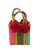 Schooner Carmalita Swirl Straw Mini Bag with Pompom Accent handmade loomed natural raffia palm fiber in multi width vertical multicolor stripe pattern of fuchsia hot/bright/barbie/pink, saffron yellow, teal dark/green/blue, black, and natural straw color with four matching raffia pompom embellishments at the base of each handle attachment tiny purse extra small handbag - Shebobo