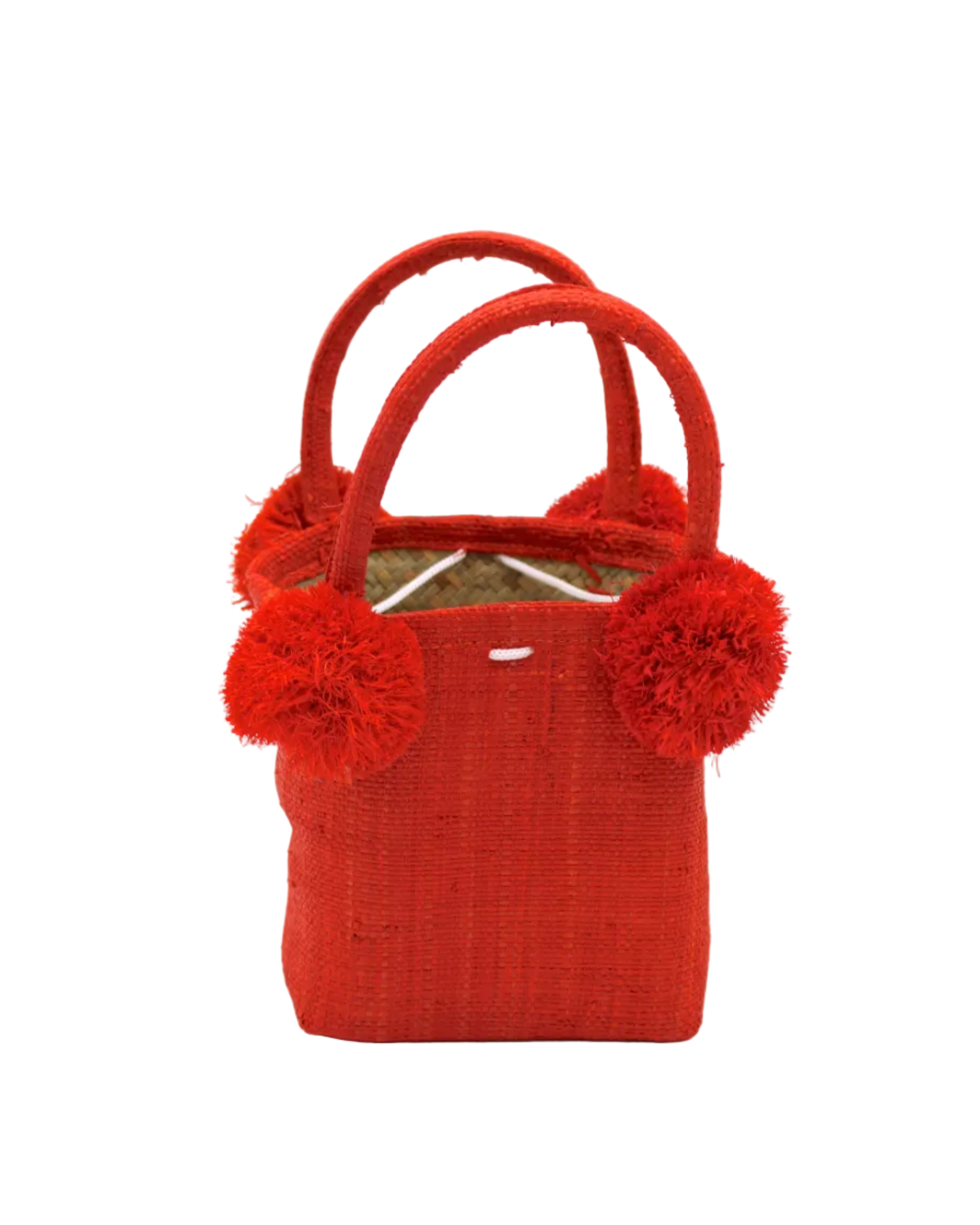 Schooner Straw Mini Bag with Pompom Accent handmade loomed natural raffia palm fiber in a solid hue of Coral orange/red with four matching raffia pompom embellishments at the base of each handle attachment tiny purse extra small handbag - Shebobo