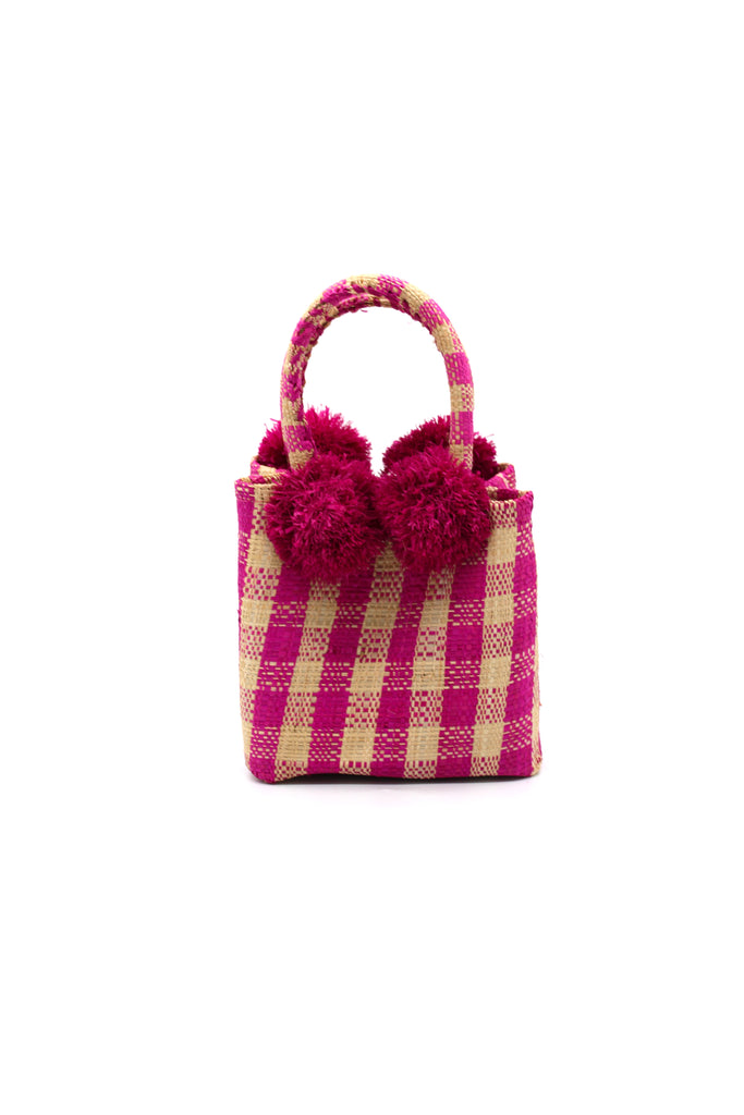 Schooner Fuchsia Gingham Straw Mini Bag with Pompom Accent handmade loomed natural raffia palm fiber in two tones of fuchsia pink and natural straw color small gingham plaid pattern with four fuchsia raffia pompom embellishments at the base of each handle attachment tiny purse extra small handbag - Shebobo