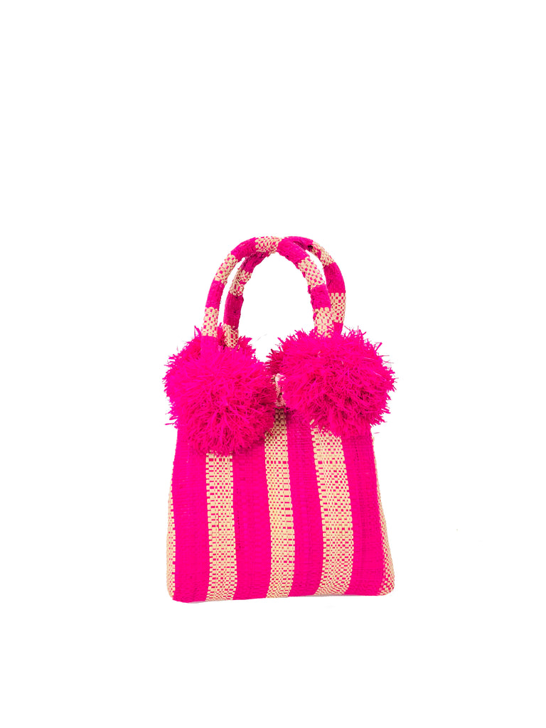 Schooner Fuchsia Stripe Straw Mini Bag with Pompom Accent handmade loomed natural raffia palm fiber in two tones of fuchsia pink and natural straw color vertical stripe pattern with four fuchsia raffia pompom embellishments at the base of each handle attachment tiny purse extra small handbag - Shebobo