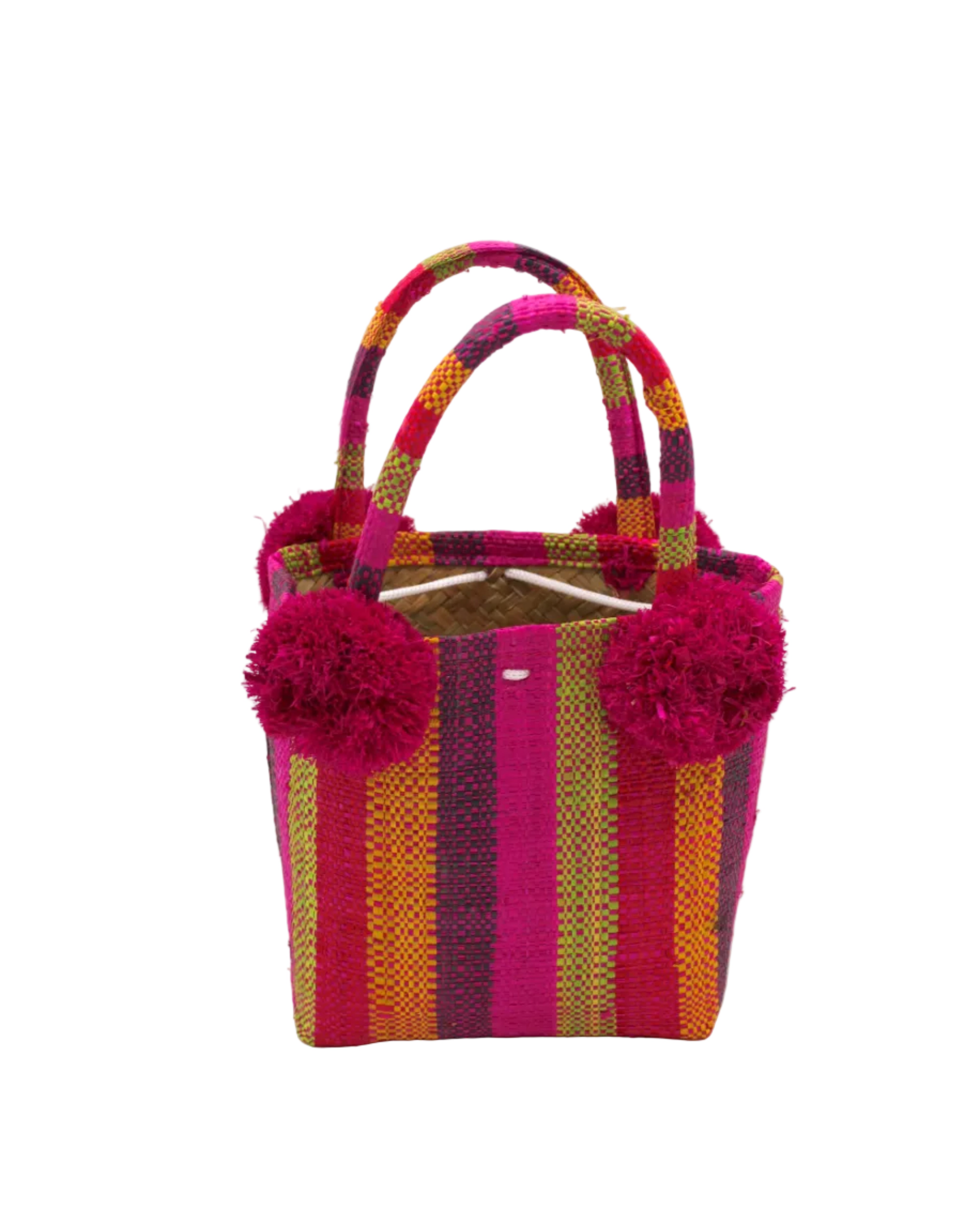 Schooner Fuchsia Stripe Straw Mini Bag with Pompom Accent handmade loomed natural raffia palm fiber in multi width vertical multicolor stripe pattern of fuchsia hot/bright/barbie pink, midori lime/green, saffron orange/yellow, red, black, etc. with four matching raffia pompom embellishments at the base of each handle attachment tiny purse extra small handbag - Shebobo