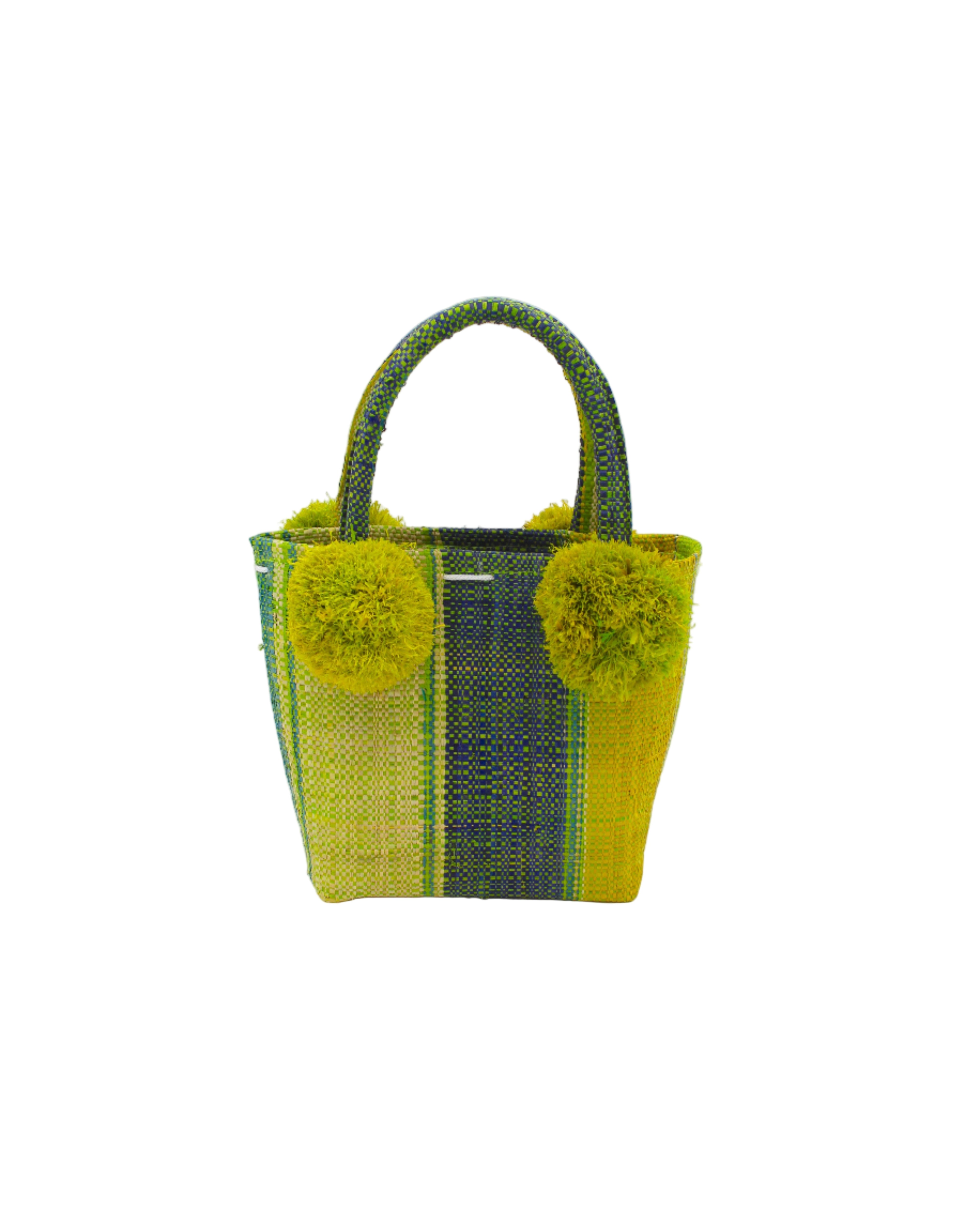Schooner Izarra Swirl Straw Mini Bag with Pompom Accent handmade loomed natural raffia palm fiber in multi width vertical multicolor stripe pattern of midori lime/green, dusk navy/blue, yellow, and teal with four matching raffia pompom embellishments at the base of each handle attachment tiny purse extra small handbag - Shebobo