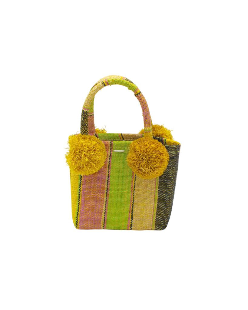 Schooner Lemonade Swirl Straw Mini Bag with Pompom Accent handmade loomed natural raffia palm fiber in multi width vertical multicolor stripe pattern of wisteria lilac/light/purple, midori lime/green, yellow, black, and natural straw color with four matching raffia pompom embellishments at the base of each handle attachment tiny purse extra small handbag - Shebobo