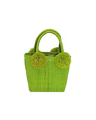 Schooner Straw Mini Bag with Pompom Accent handmade loomed natural raffia palm fiber in a solid hue of Midori lime/bright/neon/green with four matching raffia pompom embellishments at the base of each handle attachment tiny purse extra small handbag - Shebobo